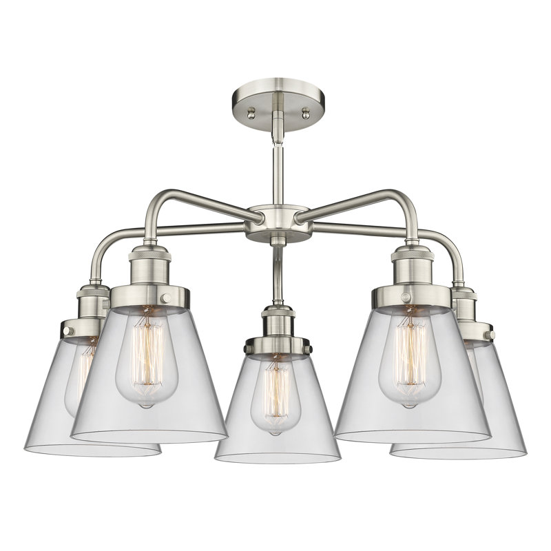Cone 5 Light Stem Hung Chandelier, Clear, Satin Nickel