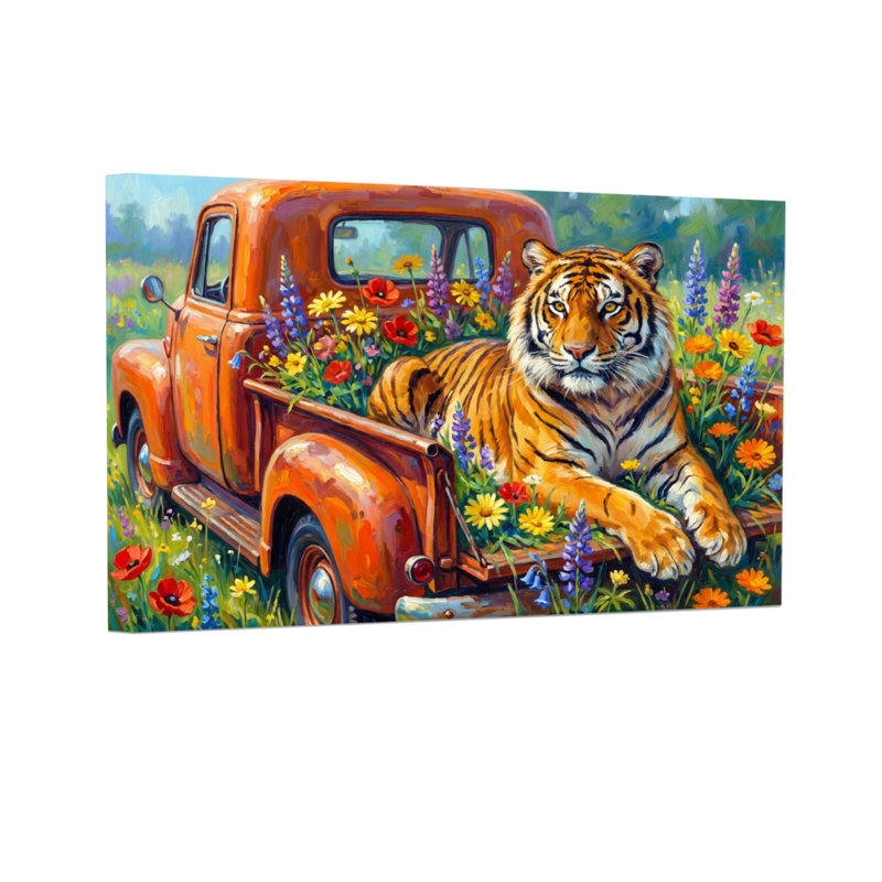 Animaux, tigre dans un camion rétro avec des fleurs, H 12 po x l 18 po