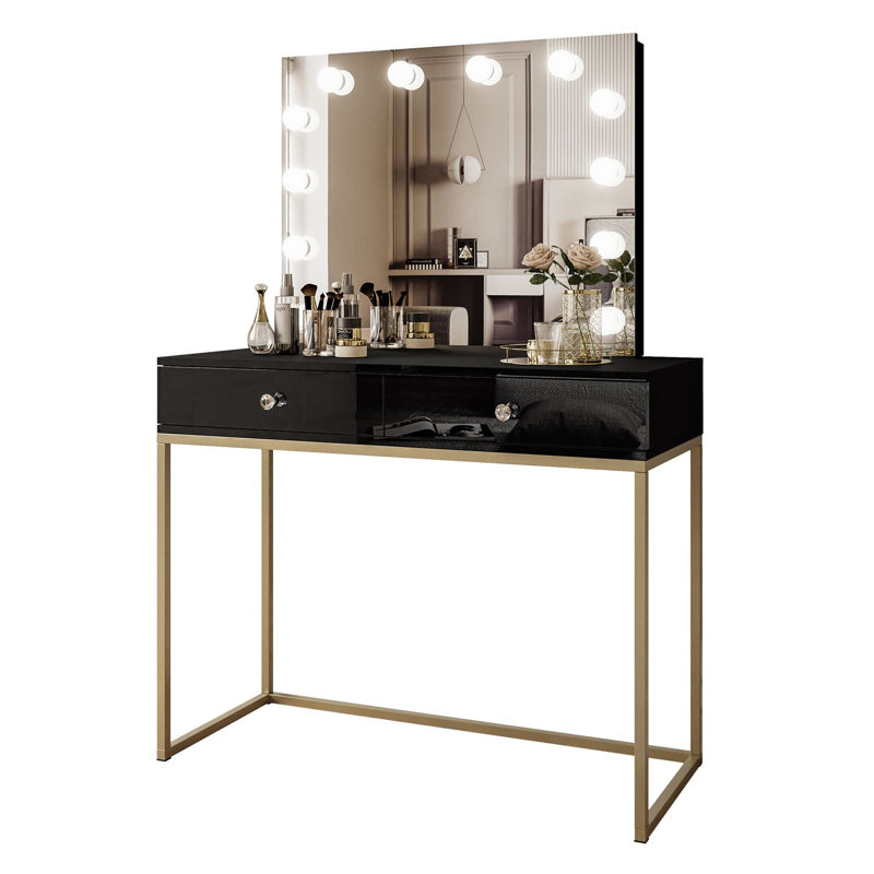 Anduena Dressing Table with Mirror, Black High Gloss/Gold Matt