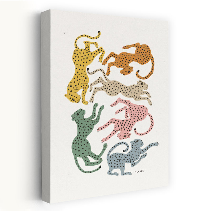Colorful Dancing Cheetahs Abstract Colorful Modern Cat Wildlife Wall Art Print by Megan Galante - Wrapped Canvas Print