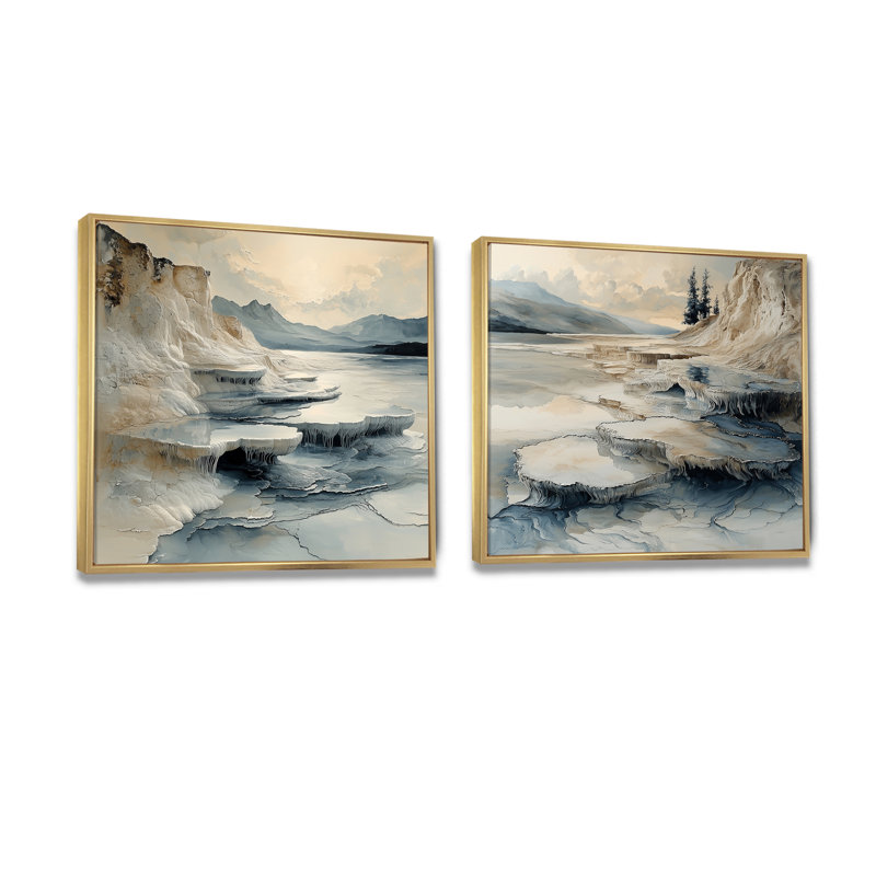 «Hot Springs» de Istanbul, Pamukkale gris, art mural industriel, 2 pièces, H 30 po x l 61 po, Impression encadrée flottante