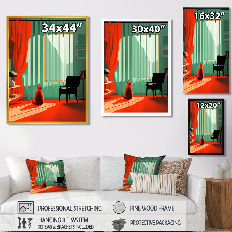 Chat seul dans l'après-midi - Chat, art mural, H 32 po x l 16 po x P 1 po, Toile avec cadre noir