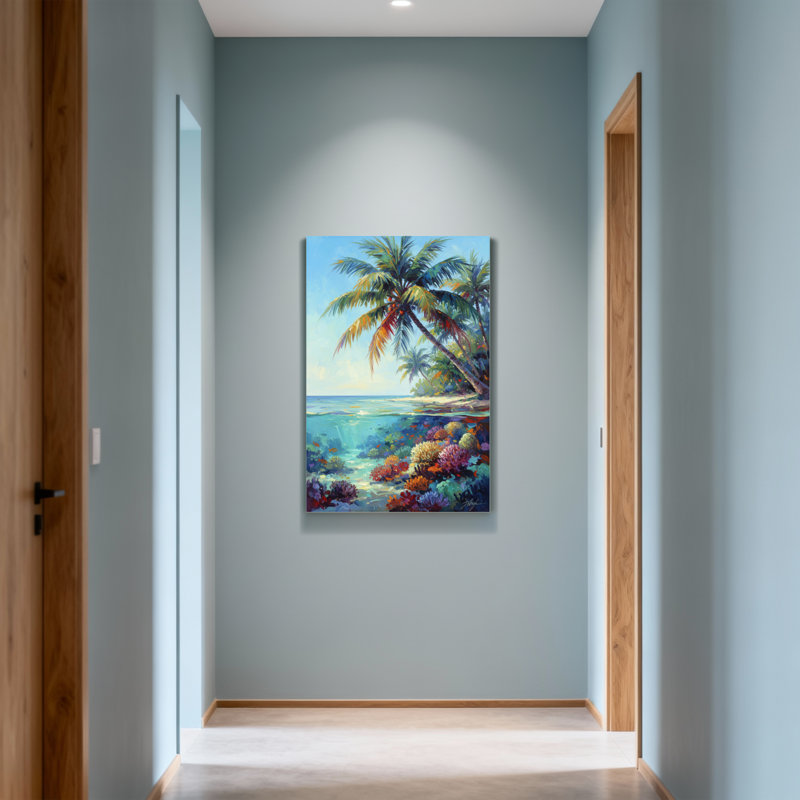 Plantes et fleurs, plage tropicale, palmiers, récif de corail, océan, ciel, coucher de soleil, couleurs, H 30 po x l 20 po