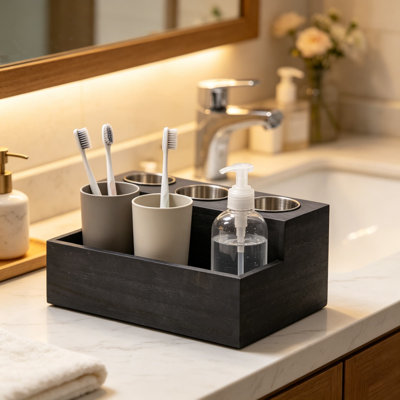 Support en bois pour sèche-cheveux - Organisateur d'outils à cheveux rustique avec 3 trous circulaires et compartiment avant, rangement d'accessoires de salle de bain pour comptoir de meuble-lavabo, bois massif noir rétro