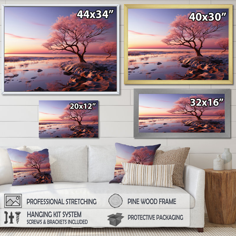 Coucher de soleil rose au crépuscule au bord du lac - reproduction, H 30 po x l 40 po x P 1,5 po, Toile tendue