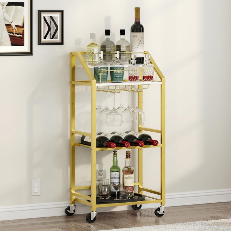 Chariot-bar avec tablette en miroir, roues