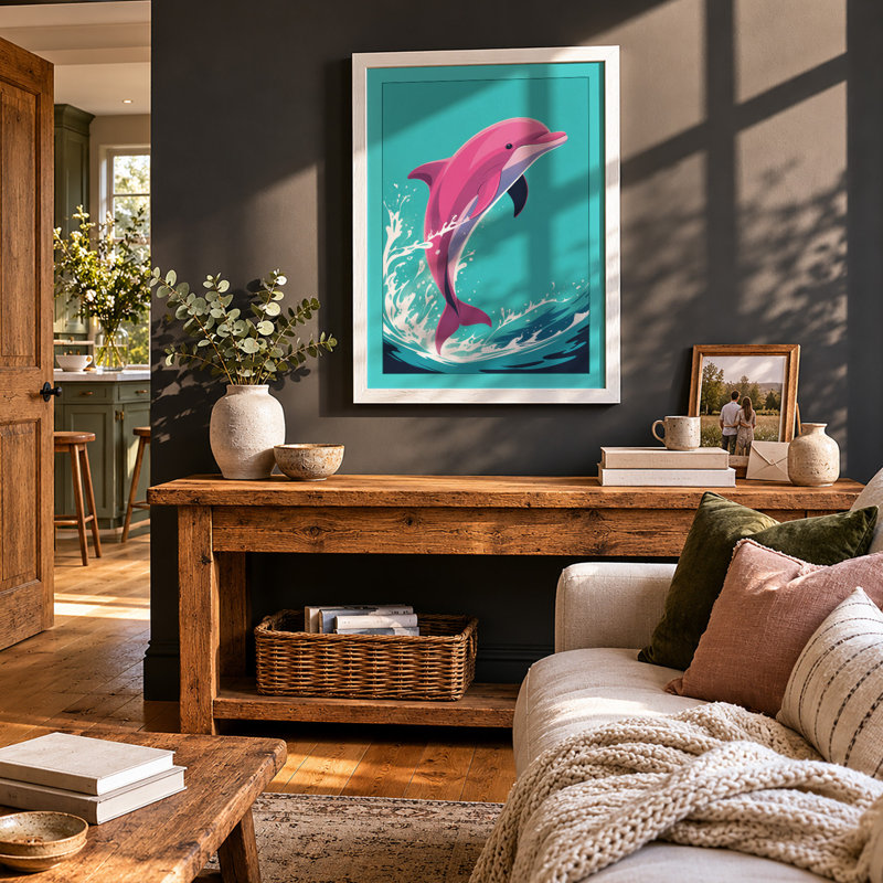 Leaping Dolphin Coastal - Framed Print, A4 - 29.7 x 21.0 cm, White