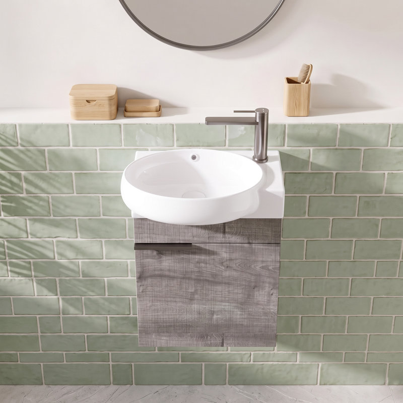 Meuble-lavabo suspendu de 40,6 cm (16 po) avec lavabo en céramique, porte à fermeture douce et rangement, blanc, Grey