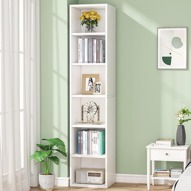 Bibliothèque à coins étroits 70,9 "à 6 niveaux pour salon, bureau, chambre à coucher, Blanc