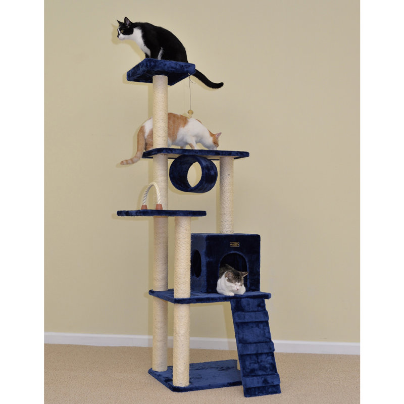 Navy Blue Sisal and Faux Fur Multi-Level Cat Tree Tower