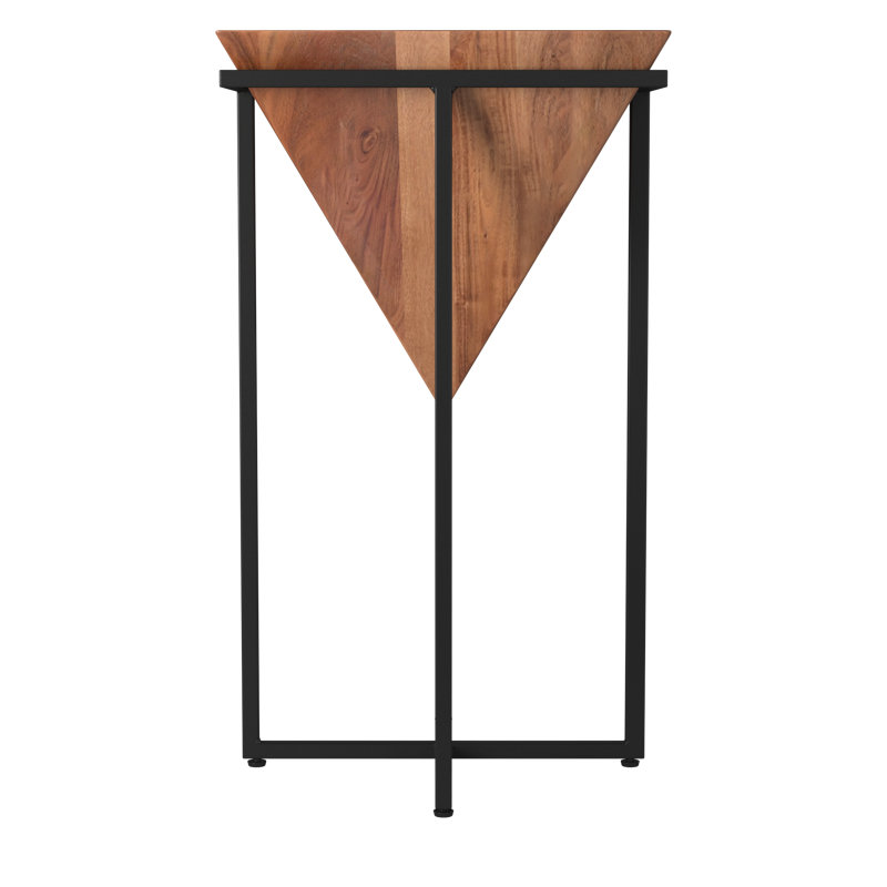 Cherine Pyramid Shape Acacia Wood Side Table With Cross Iron Base, Brown and Black, 26.5" H x 15" W x 15" D