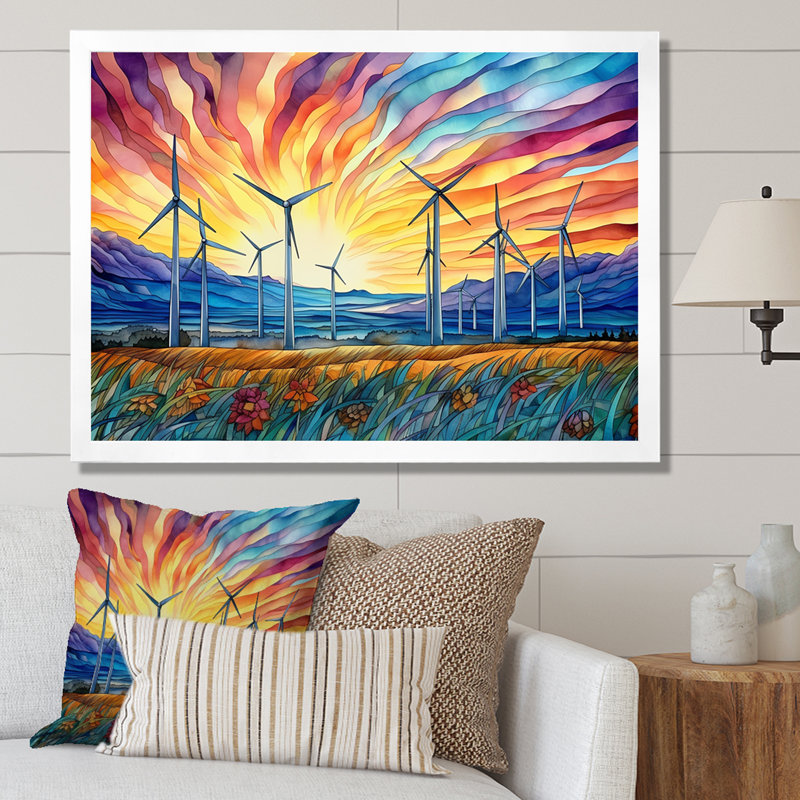 Éoliennes au lever du soleil, Cadre simple blanc, H 30 po x l 40 po x P 1,5 po