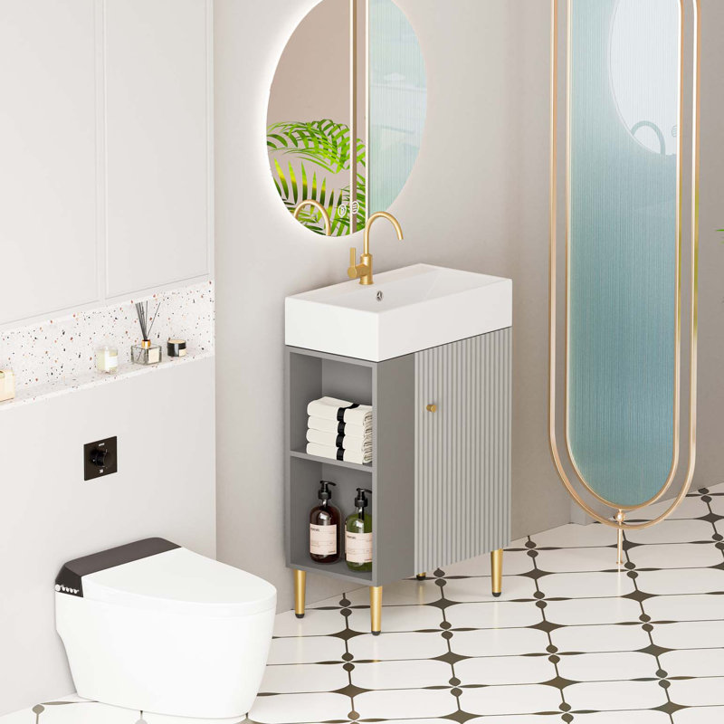Meuble-lavabo à tablettes ouvertes avec lavabo en céramique et porte à fermeture douce, armoire de rangement à tablettes ouvertes sur le côté gauche, assemblage requis