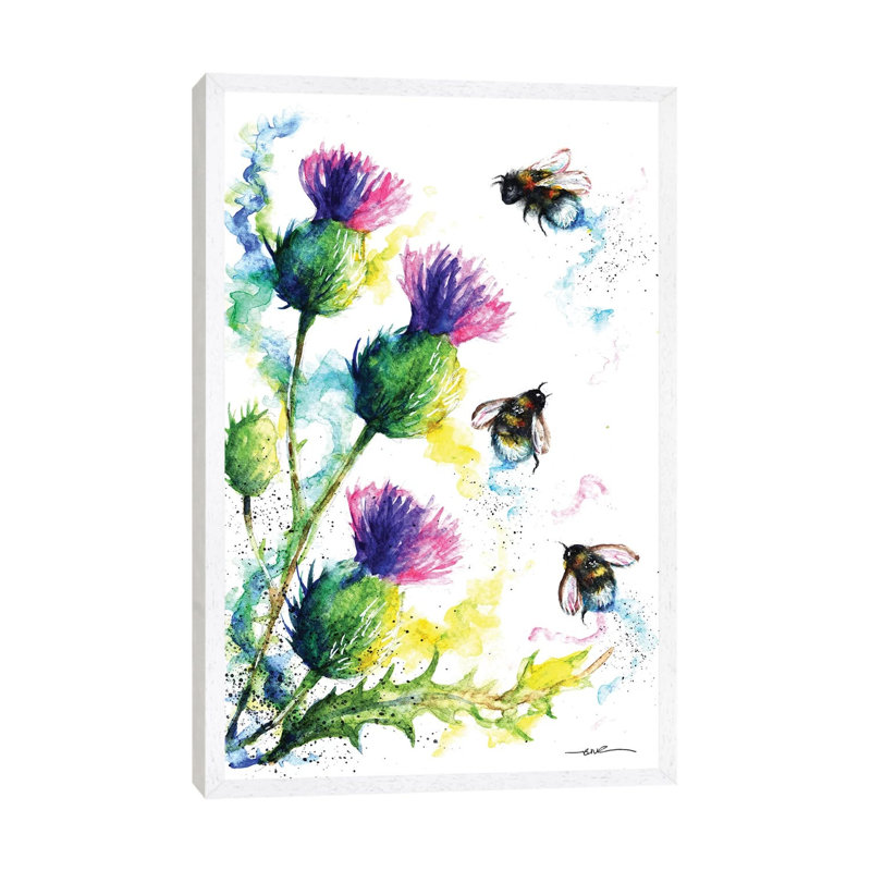 Bees And Thistles - Painting on Canvas, 101.6cm H x 66.04cm W x 3.81cm D, White Framed