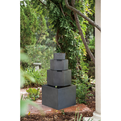 19.7X19.7X41.7" Gray Cement 4 Tier Block Water Fountain Outdoor