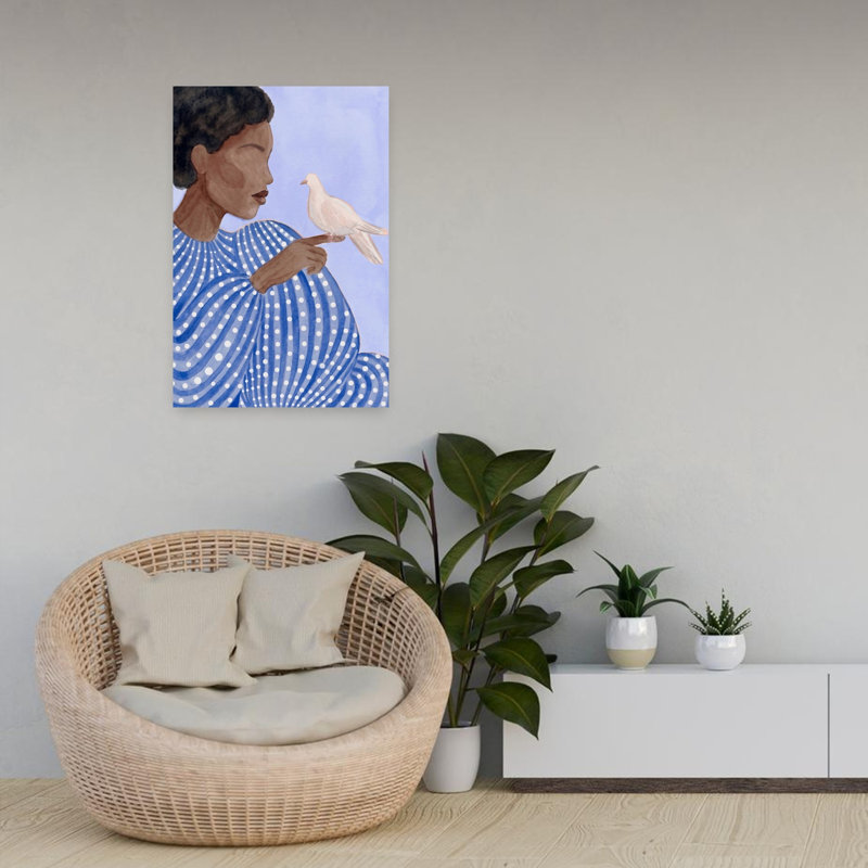 «Serene Woman and Dove Elegant Peaceful Serene Bird Portrait», art mural