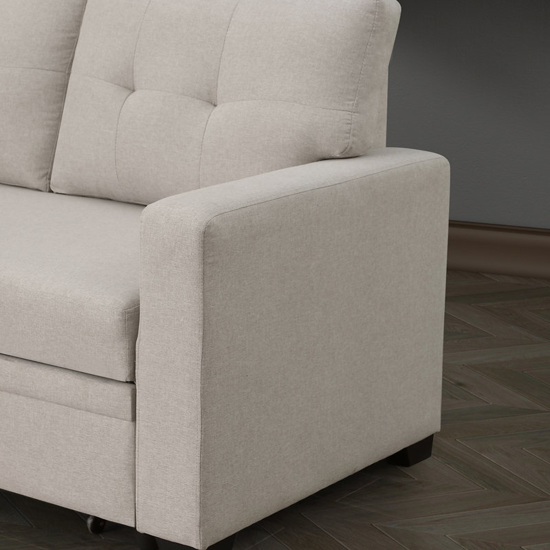 Canapé modulaire convertible rembourré avec méridienne coulissante, Lin beige, Orienté à gauche (vu de face)
