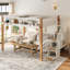 Lit mezzanine double en bois pleine grandeur avec tablettes de rangement, crochets et espace sous le lit, beige et naturel-131271894
