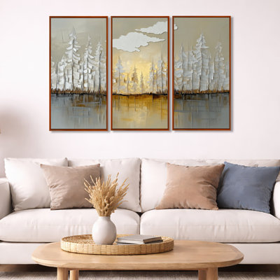 Modern Forest Wall Art, Golden Horizon Canvas - Modern Forest In Winter Golden Grey Horizon 3 Piece Framed Canvas Wall Art Set Traditional Nature Decor