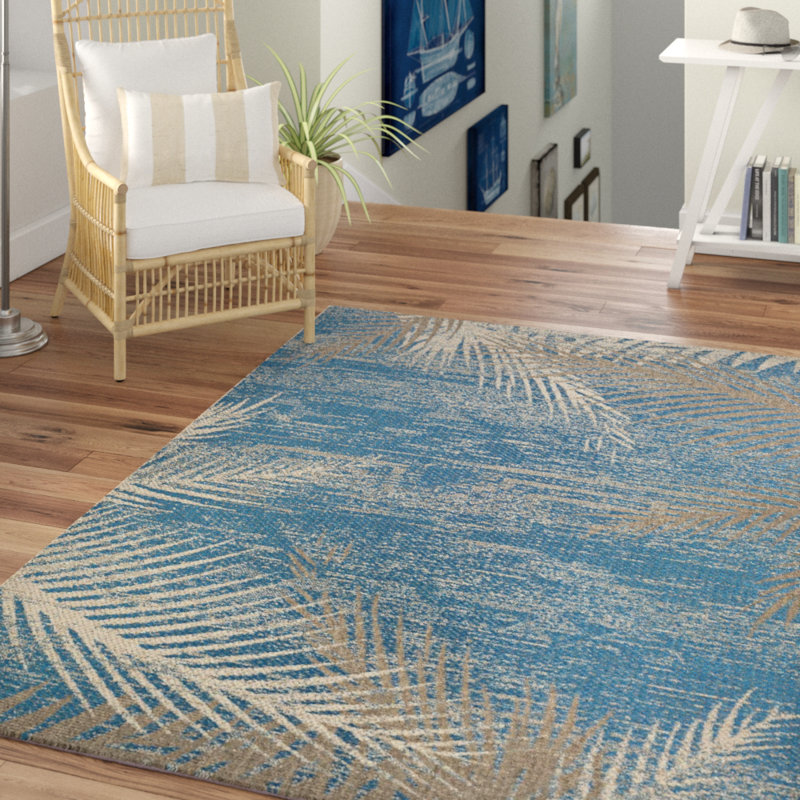 Waddington Floral Palms Ocean Blue Indoor Outdoor Area Rug, Rectangle 7'6" x 10'9"