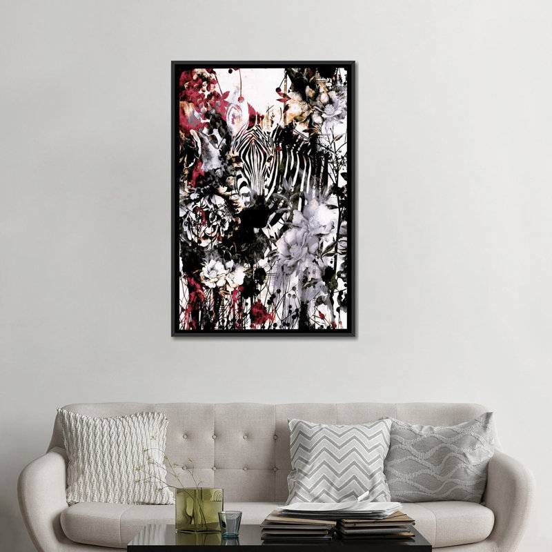 « zèbre », impression sur toile, H 26 po x l 18 po x P 1,5 po, Toile avec cadre flottant noir, Pas de tapis