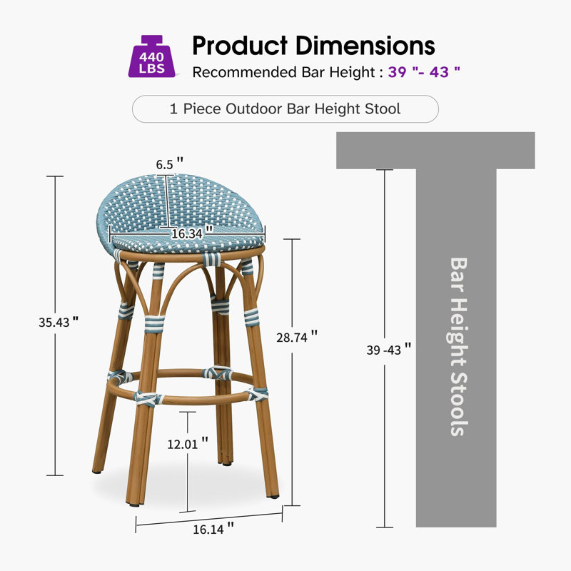 Tabouret de bar et tabouret de bar surdimensionné à dossier bas en rotin pourpre PURPLE LEAF, Light Blue, 28.74