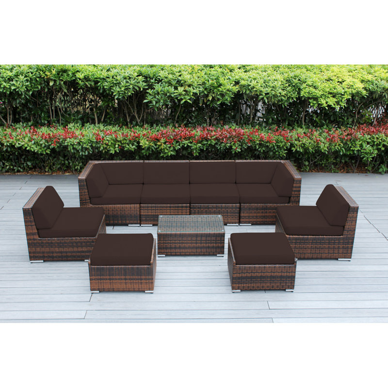 Ensemble de conversation en osier pour 8 personnes avec coussins - aucun assemblage, Toile Sunbrella® rouge Jockey