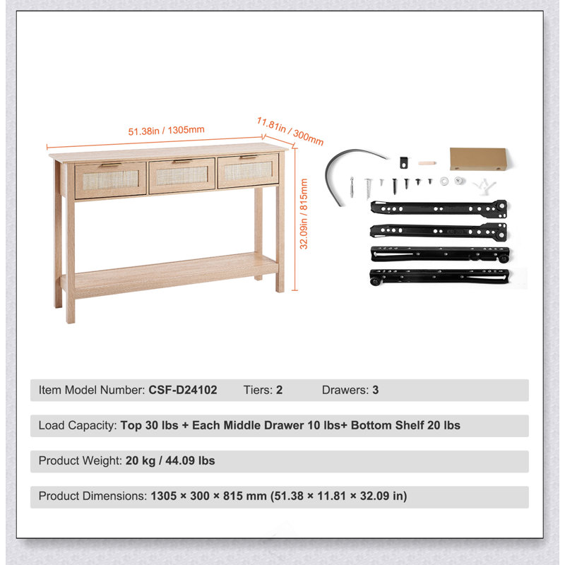 Console en rotin avec 3 tiroirs de rangement, table d'entrée en rotin avec porte coulissante en rotin naturel, table console pour salon, bureau, entrée ou mur de télévision