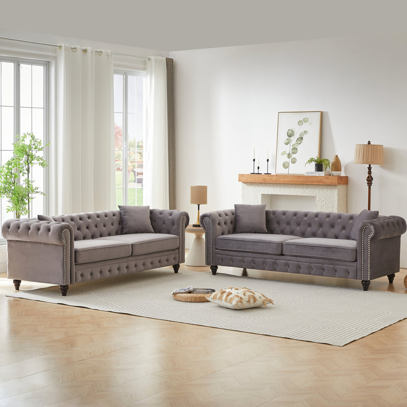 Velours de bureau moderne avec 6 sièges, boutons à la main et coussins de siège en mousse haute densité, accoudoirs roulés, siège à ressorts confortable