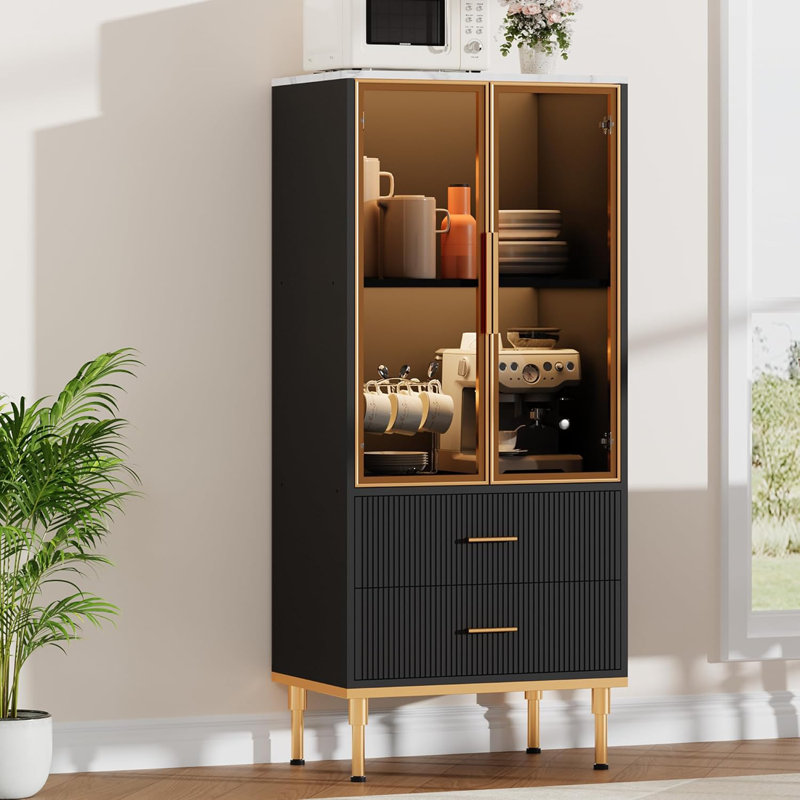 Armoire de rangement cannelée avec porte en verre et 2 tiroirs, Noir