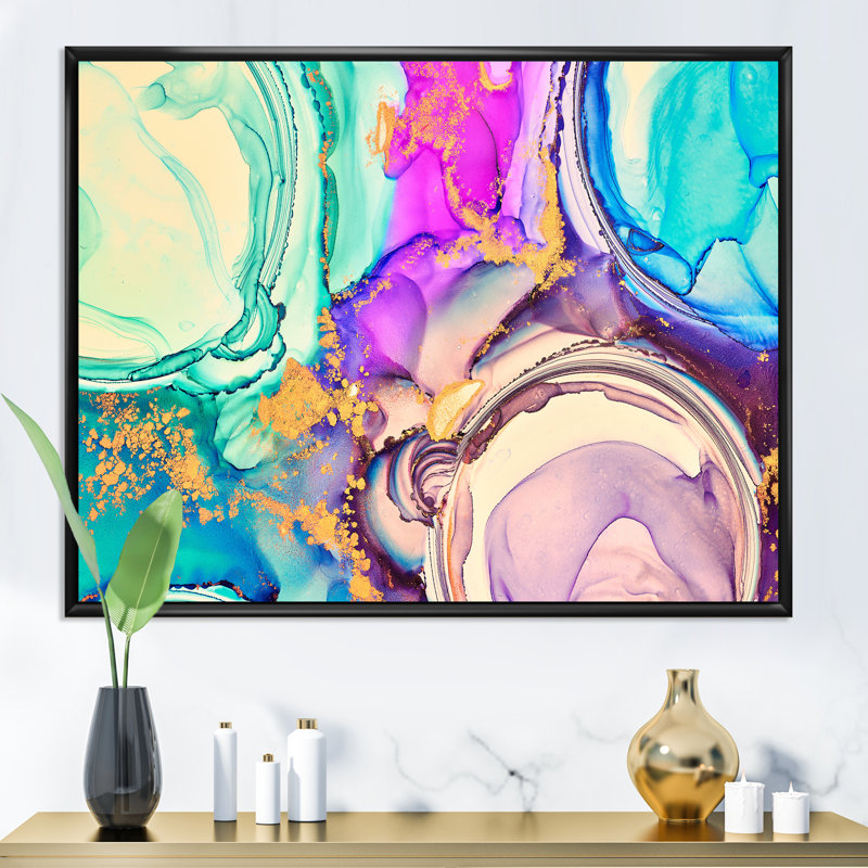 Mauve et turquoise, art abstrait fluide de luxe - peinture sur toile, H 16 po x l 32 po, Cadre flottant noir
