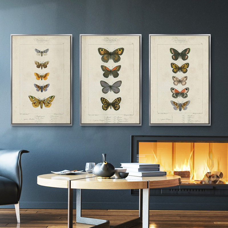 Ensemble de 3 papillons encadrés sur toile pauquet, H 27 po x l 54 po, Argent