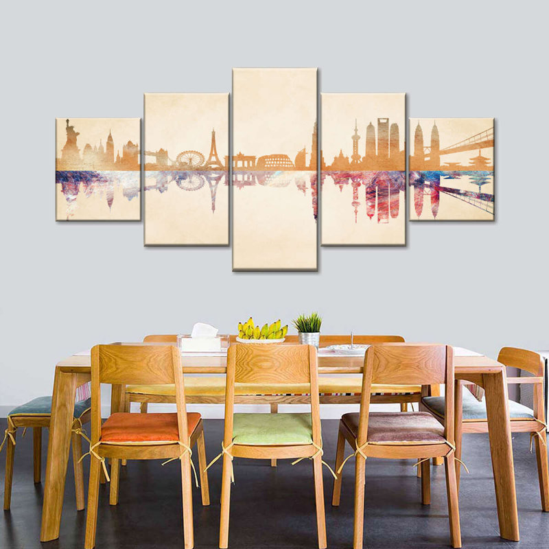World World's Reflection - Ensemble de 5 toiles tendues, H 24 po x l 55 po x P 1,25 po