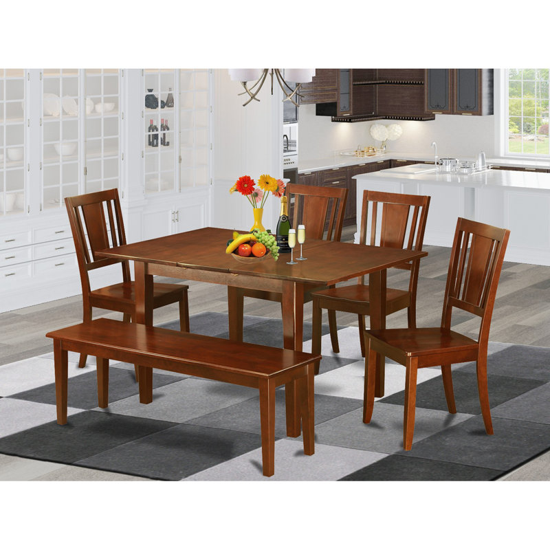 L'ensemble de table de salle à manger 6 pièces contient une table de cuisine rectangulaire avec rallonge papillon et 4 chaises de salle à manger avec banc, acajou