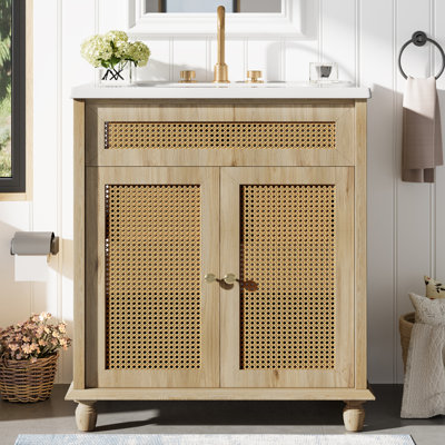 Driftwood 30-Inch  Coastal Boho Bathroom Vanity With Handwoven Rattan Doors & Resin Basin