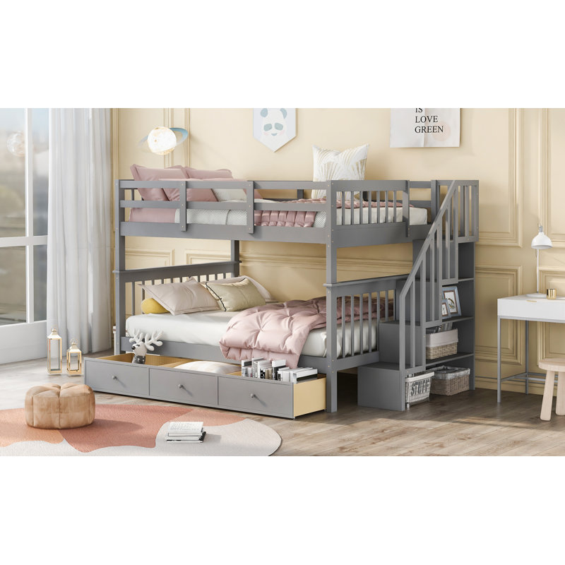 Lit superposé en escalier avec tiroir, garde-corps et garde-corps pour chambre à coucher, gris, Gris