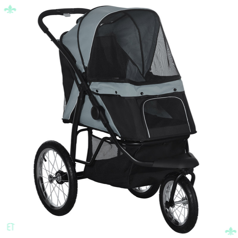 Poussette pour chat pliable 3 grandes roues avec auvent réglable, Gris