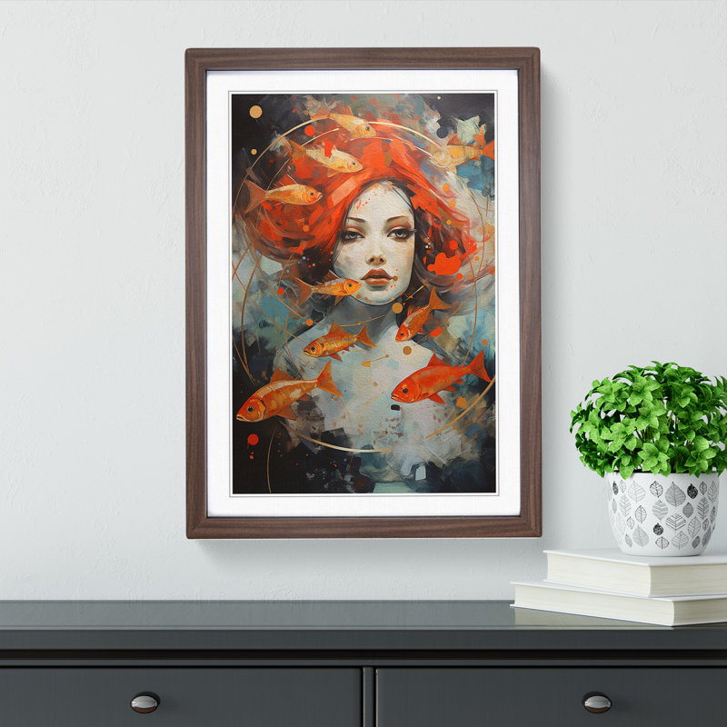 Pisces Zodiac Expressionism - Single Picture Frame Print on Wood, Walnut Framed, 34cm H x 25cm W x 2cm D