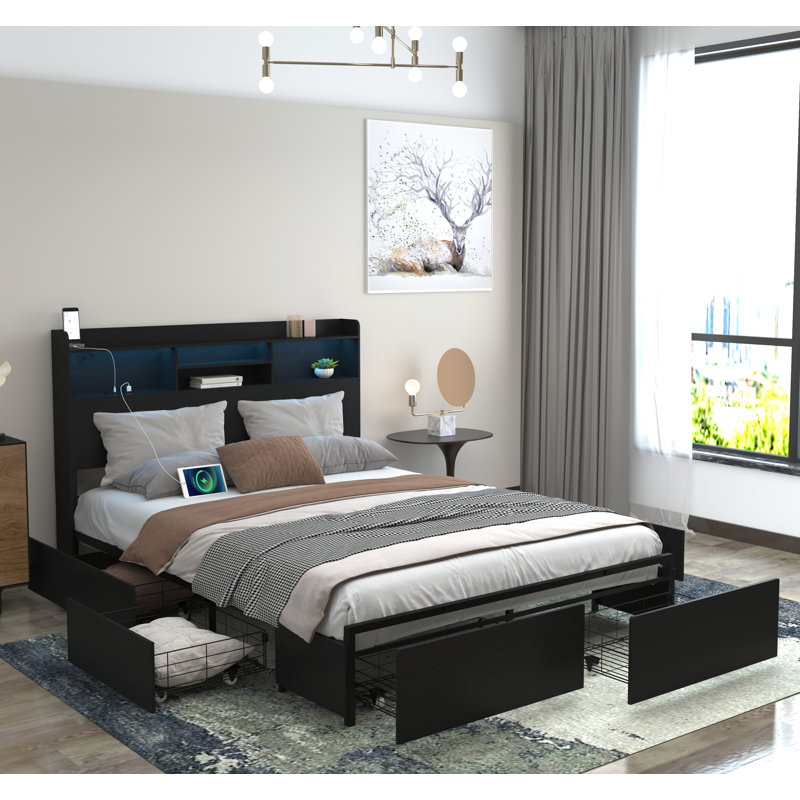 Full Storage Bed Frame with 6 Drawers, Headboard & Shelf, LED Lights & USB Charging, No Box Spring, Silent Black, Full