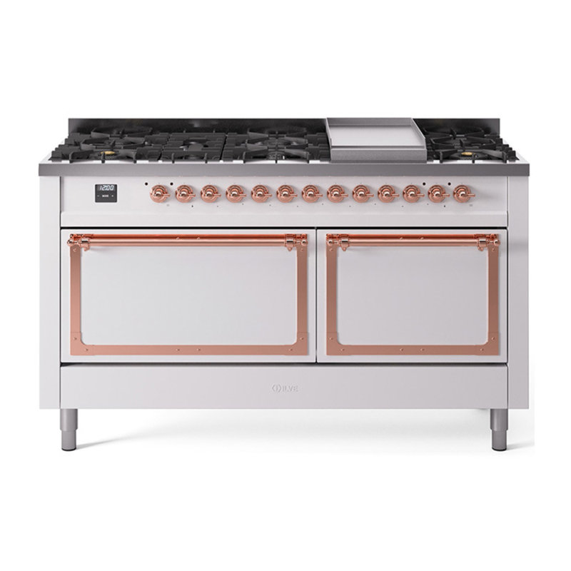 ILVE Nostalgie II Noblesse 60 in Dual Fuel Range, 9 Burner, Griddle, White/Copper, Natural Gas