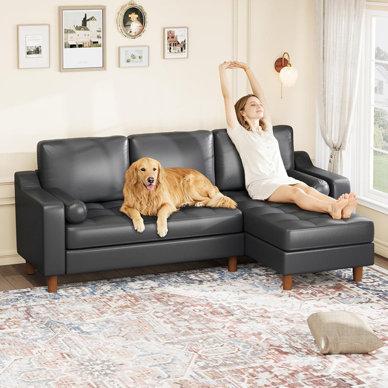 88.9" L-Shape Leather Sectional with Chaise, Black, Black