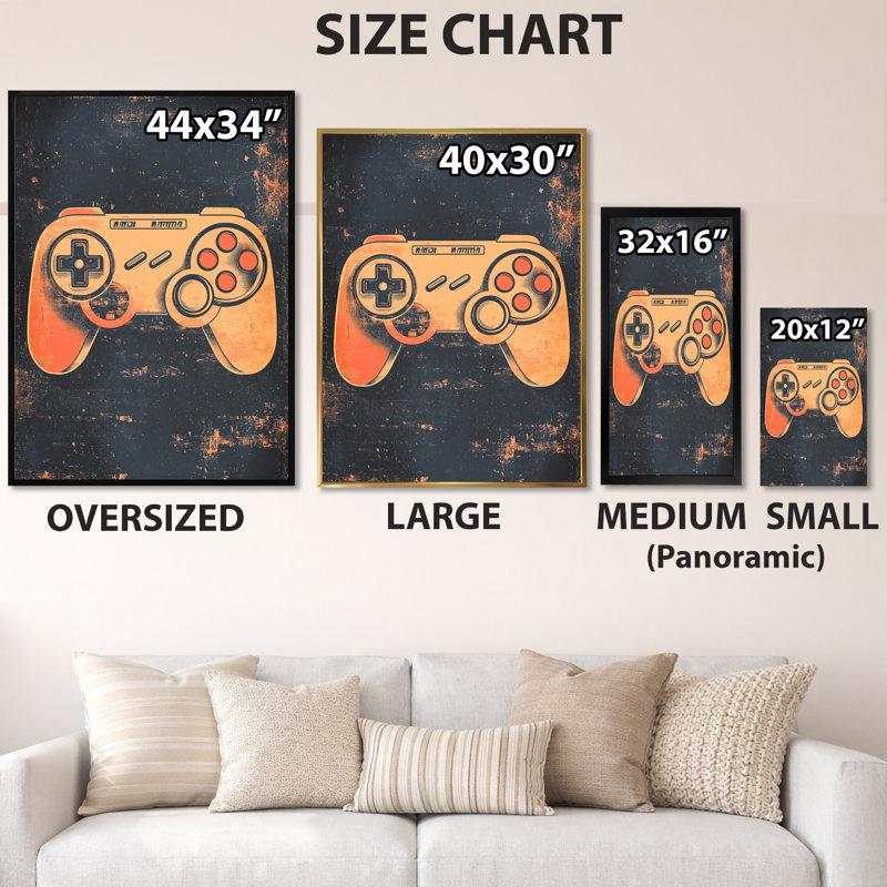 Manette de l'époque de l'arcade - Tableau encadré rétro sur le thème du jeu vidéo, H 32 po x l 16 po, Gold Picture Framed
