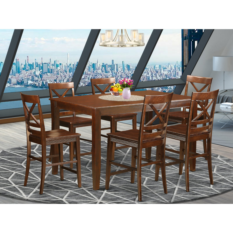 Ensemble de table de salle à manger 7 pièces à hauteur de comptoir composé d'une table de salle à manger rectangulaire et de 6 chaises en bois, acajou