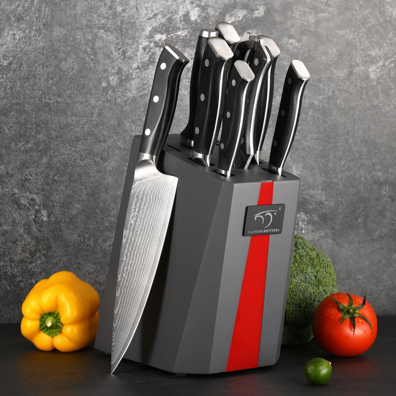 Ensemble de couteaux, ensemble de couteaux de cuisine 9 pièces avec bloc Damas, poignée ergonomique en ABS pour ensemble de couteaux de chef, affûteur et ciseaux de cuisine, ensemble de couteaux