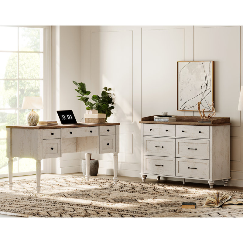 2 Piece Office Set, 56" Executive Writing Desk & 6 Drawer Dresser, Antique White