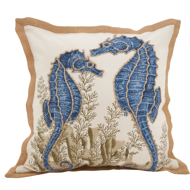 Maritime Bliss Embroidered Seahorse Cotton Throw Pillow 27" Square
