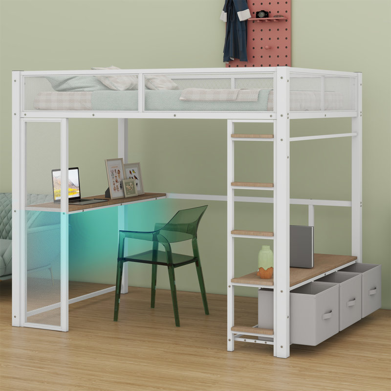 Lit mezzanine en métal avec DEL, bureau, garde-robe ouverte et 3 tiroirs de rangement en métal, Blanc