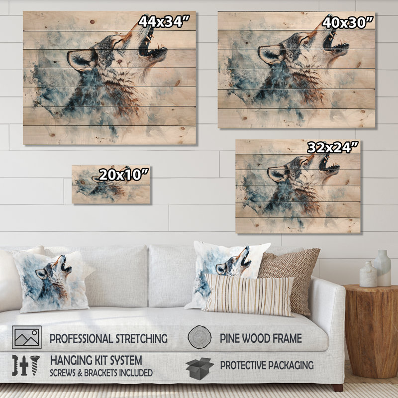 Loup hurlant en couleurs douces II - Décoration murale moderne en bois sur bois de pin naturel, H 10 po x l 20 po