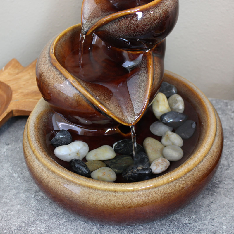 Brown Ceramic Tiered Tabletop Fountain with Decorative Stones