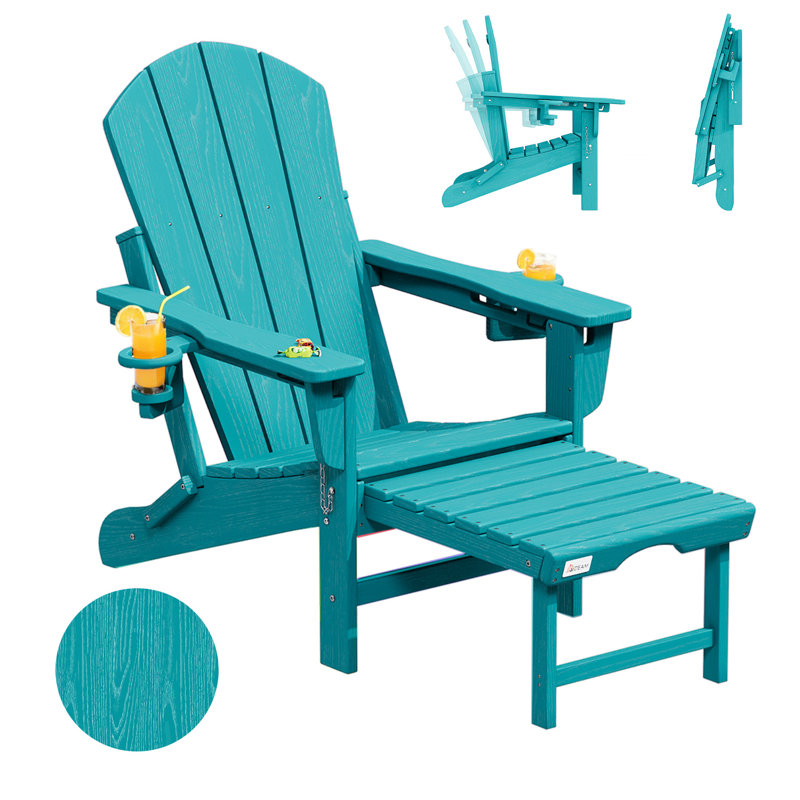 3-Level Adjustable Adirondack Chair with Retractable Ottoman and 2 Cup Holders, Folding All-Weather Outdoor Fire Pit Chair for Deck, Patio, Garden, and Backyard Use, Blue